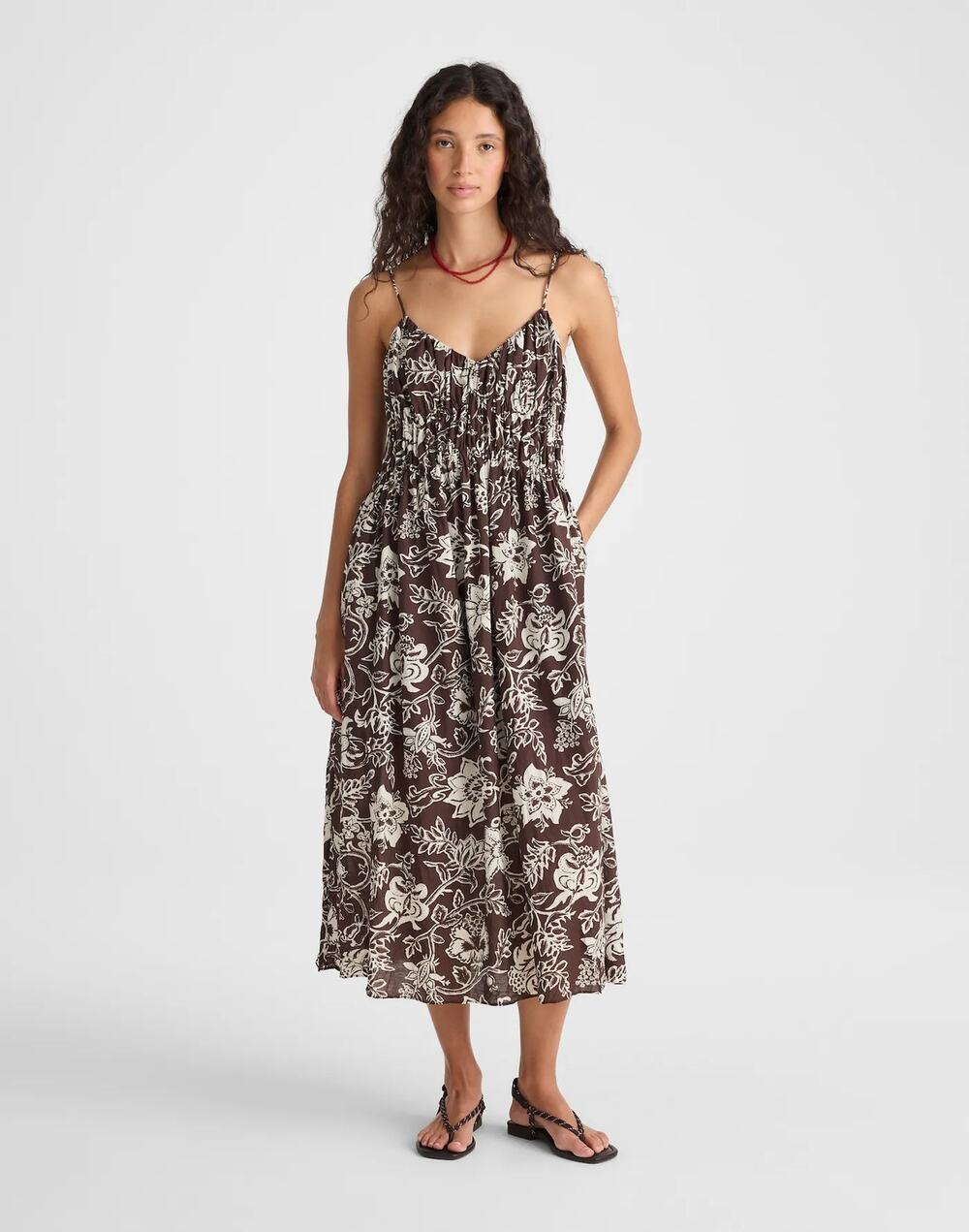 Madewell Women's Ruched V-Neck Sleeveless Maxi Dress Dark Brown Size Small NWT